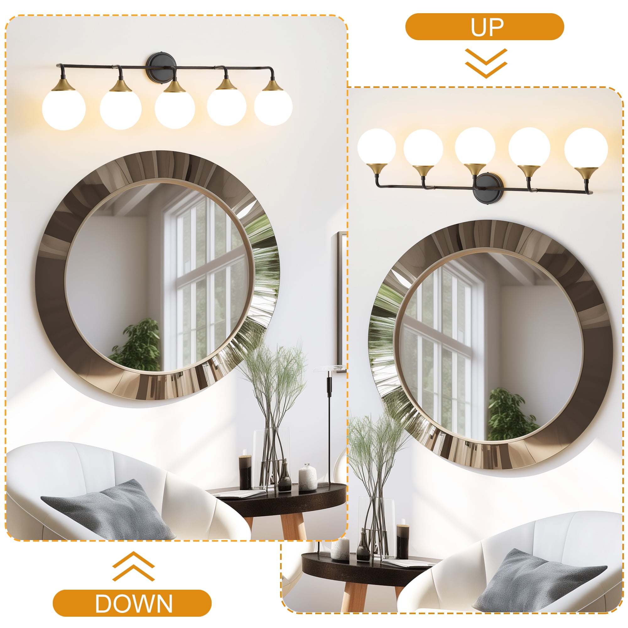 Deyidn 5-Light Black and Gold Modern Vanity Light, 39 Inch Dimmable Bathroom Light Fixture with Opal Glass Globes for Mirror