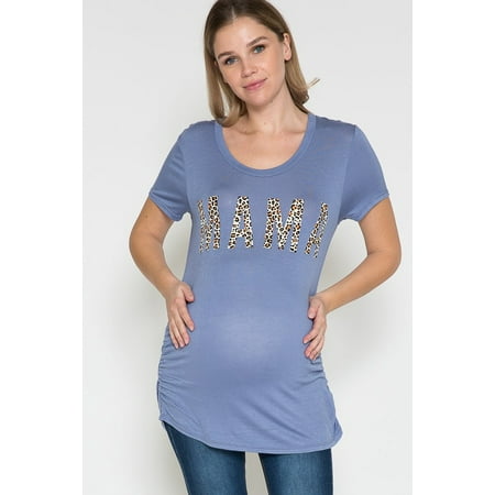

Women Maternity Short Slevee Leopard MAMA Print Screen Side Cinch Top