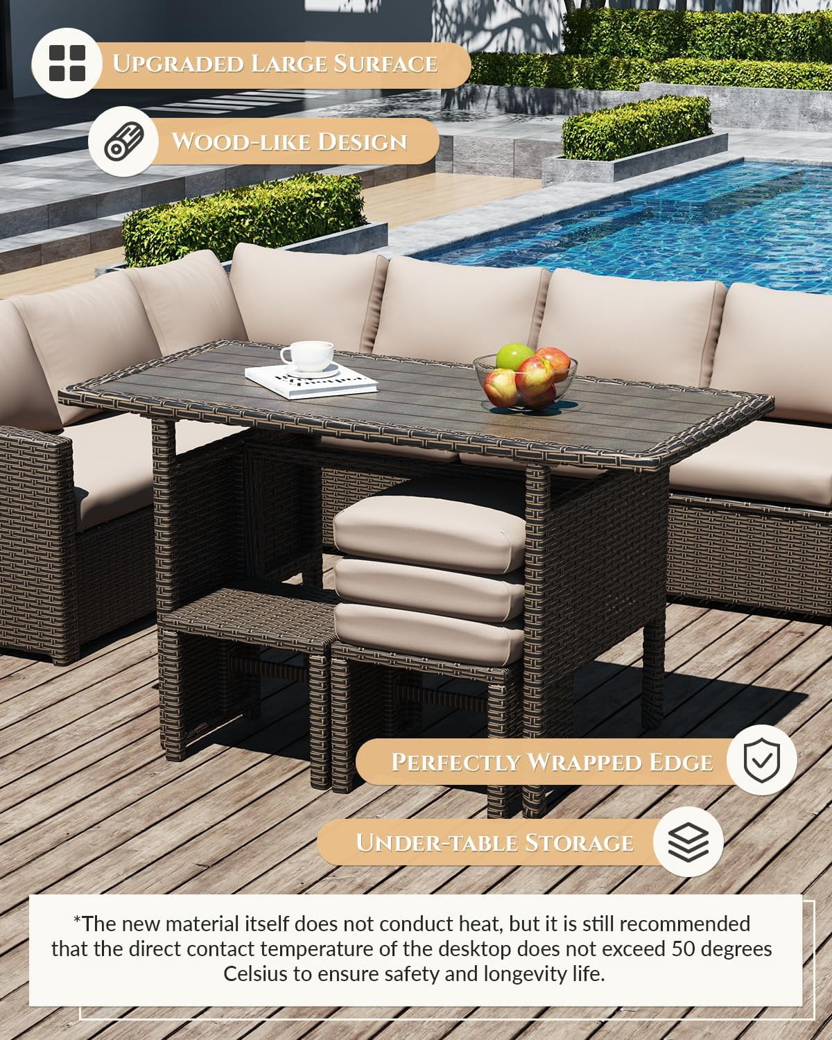 AECOJOY 7 Piece Patio Furniture Set PE Rattan Outdoor Dining Set Sectional Sofa Couch with Table Patio Conversation Set in Beige