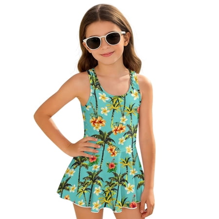 chaqlin Tropical Palm Tree & Floral Print Girls Skirted One-Piece Swimsuit - Quick Dry Stretchy Swim Dress for Beach & Pool Vacations