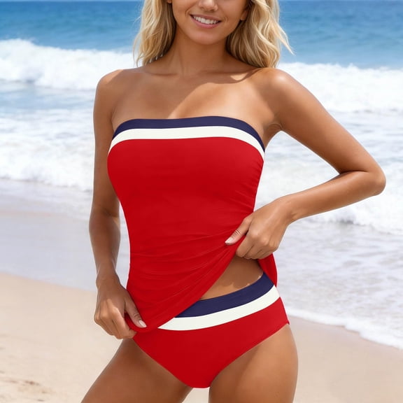 IYYVV Bandeau Tankini Swimsuits For Women - Two Piece Ruched Tummy Control Bathing Suit Strapless Modest Swimwear With Bottoms Red L