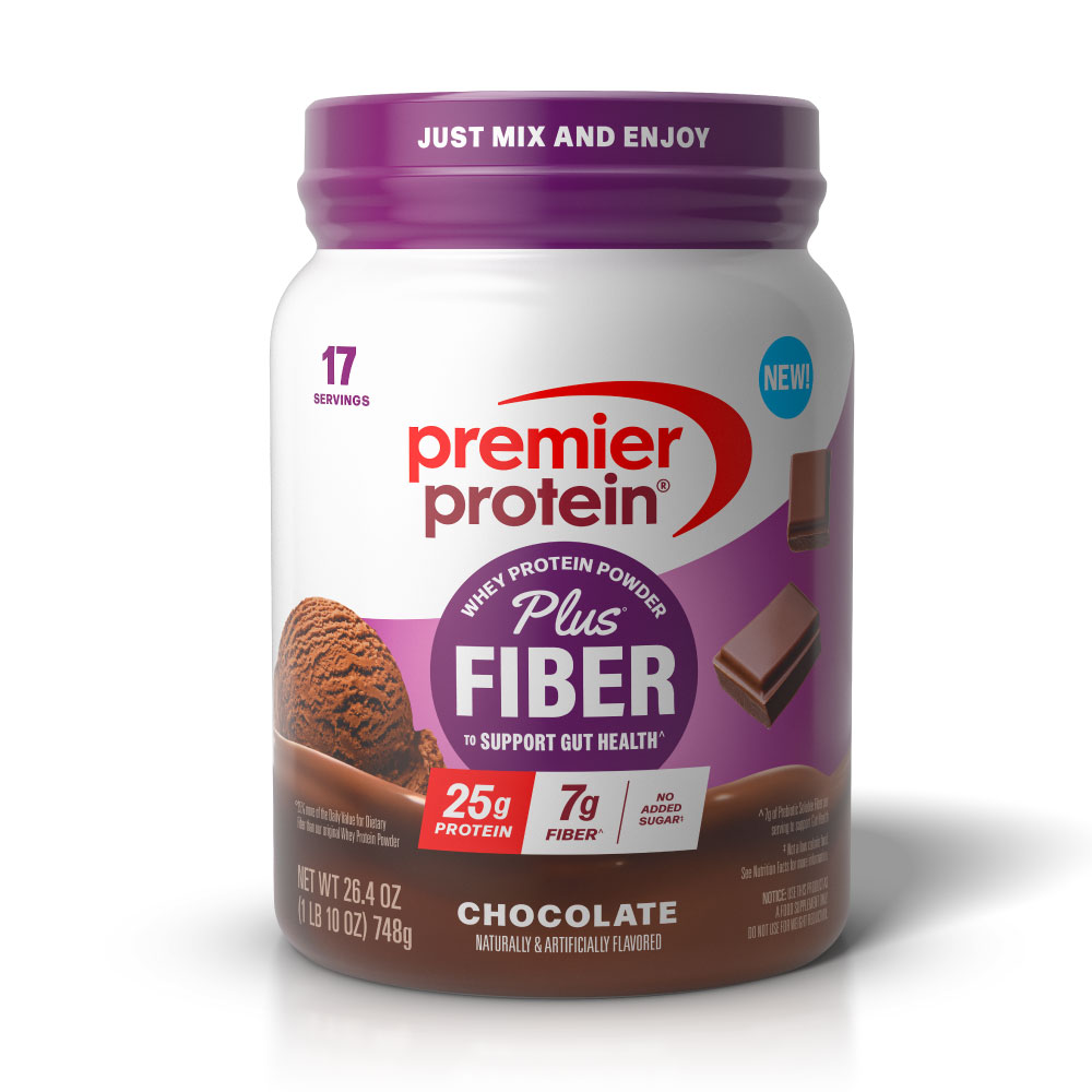 Premier Protein Powder Plus Fiber, 25g Protein, 7g Fiber, Chocolate, No Added Sugar, 17 Servings