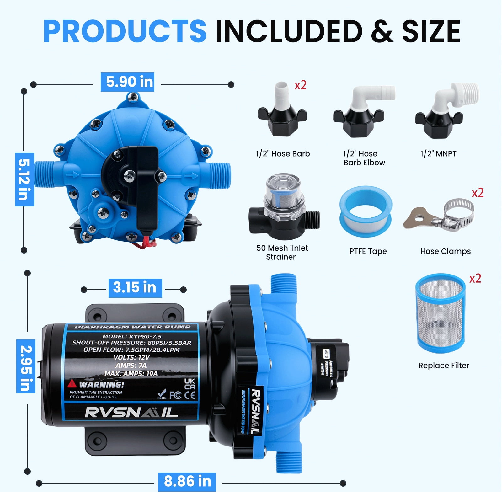 12V RV Fresh Water Pump 7.5GPM 80PSI, RV Water Pump 5-Chamber Self-Priming Diaphragm Pump with Heavy Duty Pressure Switch and Strainer for RV, Marine, Yacht, Caravan
