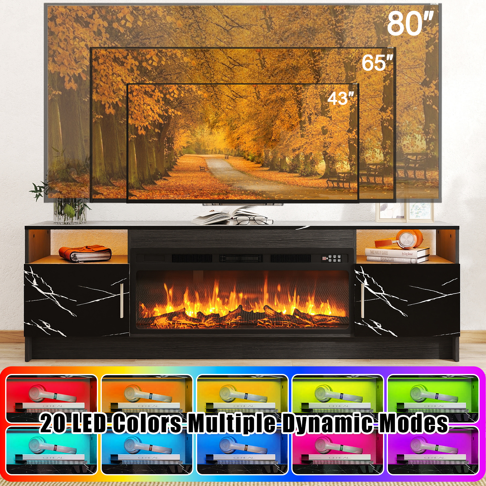 Rocyis 70” TV Stand with 3D Realistic Log Flame Electric Fireplace, Entertainment Center for TVs Up to 80-Inch, Modern TV Console with High Glossy Doors & LED Lights, Marble