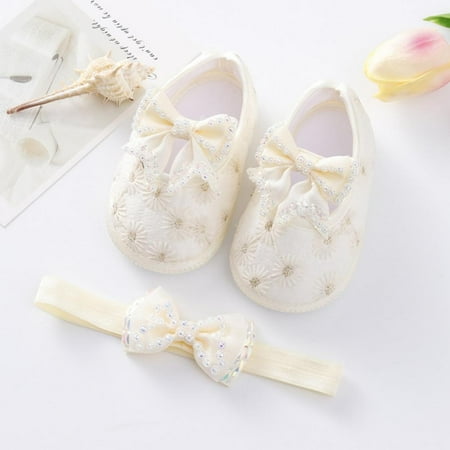 

Baozhu Baby Girls Flats First Walkers + Hair Band Set Infant Non-Slip Bowknot Shoes Newborn Princess Wedding Shoes 0-12 Months