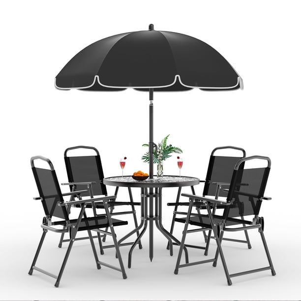 Set de Comedor Exterior – 6 Piezas – Mesa de Vidrio Templado – 4 Sillas Plegables – Sombrilla Incluida – Jardín, Patio, Terraza o Piscina – Negro
