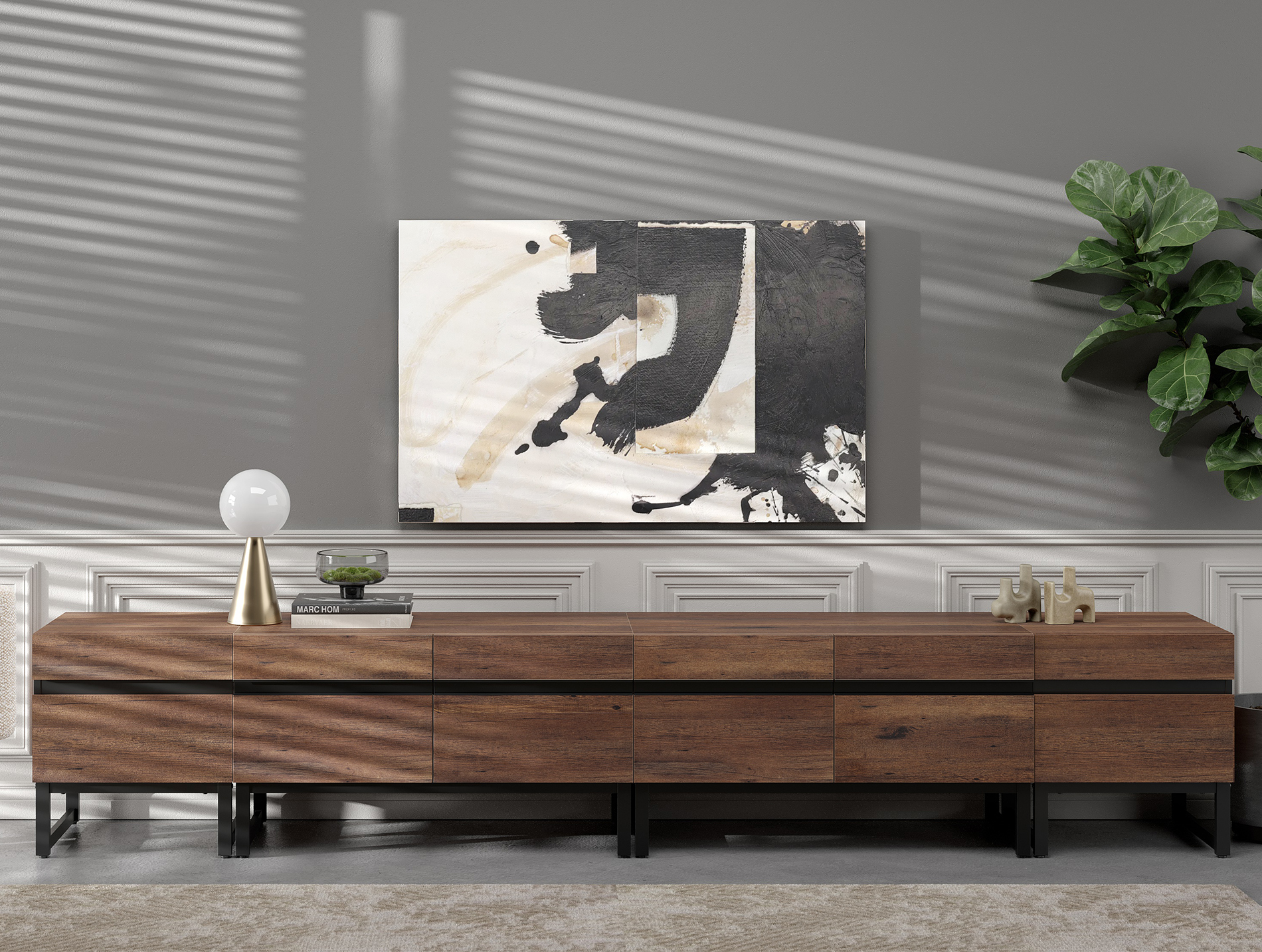 WAMPAT Modern TV Stand, 4-in-1 Entertainment Center with Storage Cabinets & Metal Base, 106" Brown, Fits TVs Up to 110"