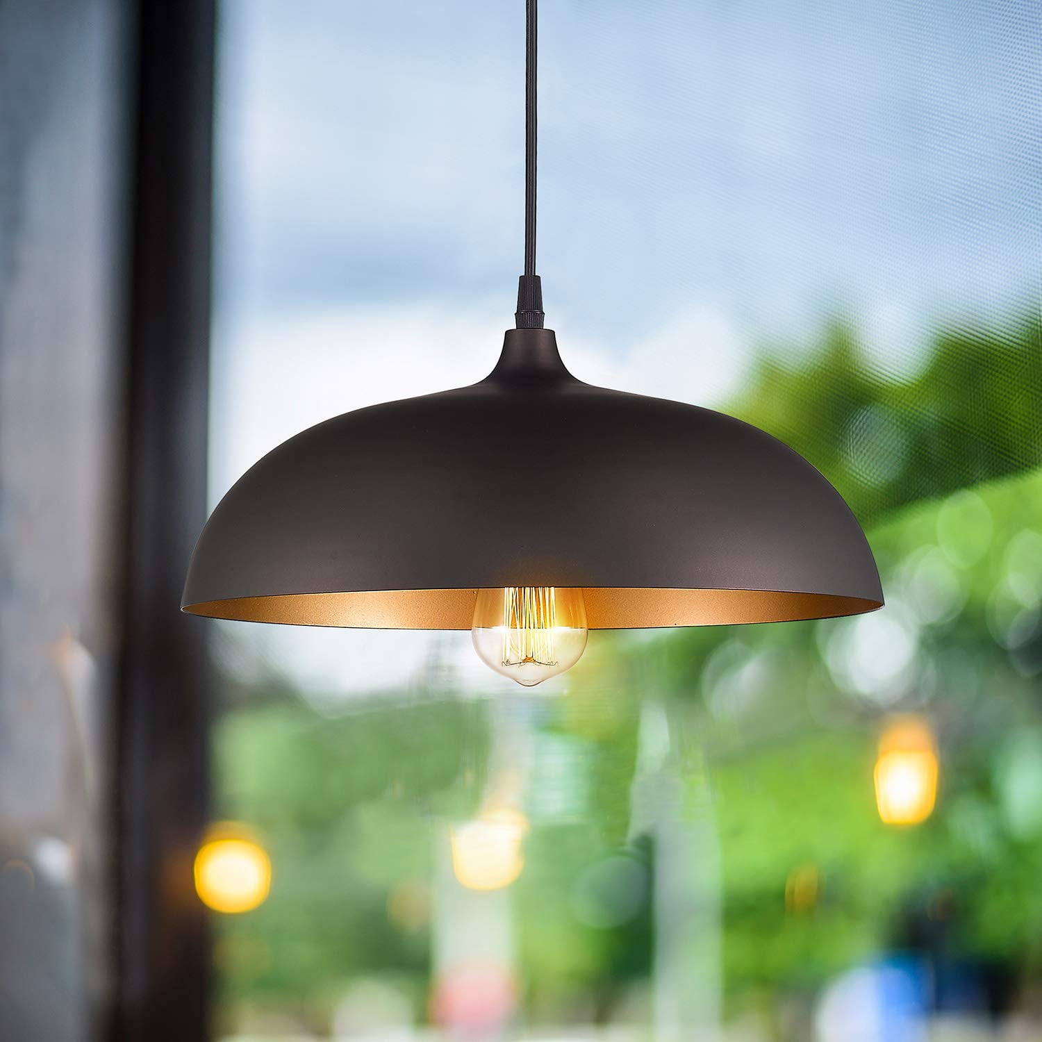 Emliviar Farmhouse Pendant Light Fixture, 14" Industrial Dome Hanging Light in Oil Rubbed Bronze Finish, 1901M ORB