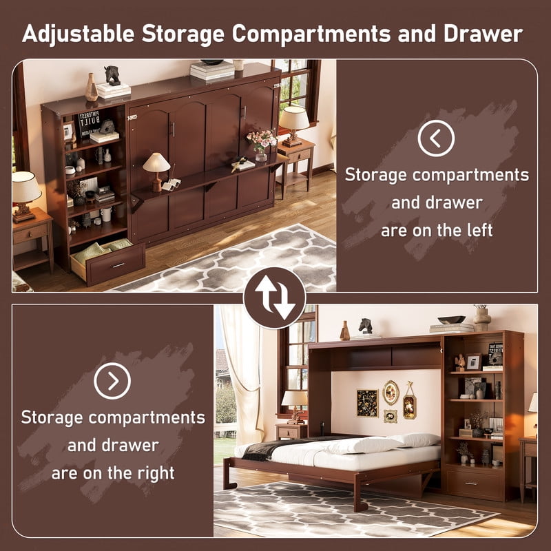 Queen Size Wall Murphy Bed with Adjustable Shelf, All-in-One Storage Bed Frame with Drawer, Folding Platform Bed for Guest Room