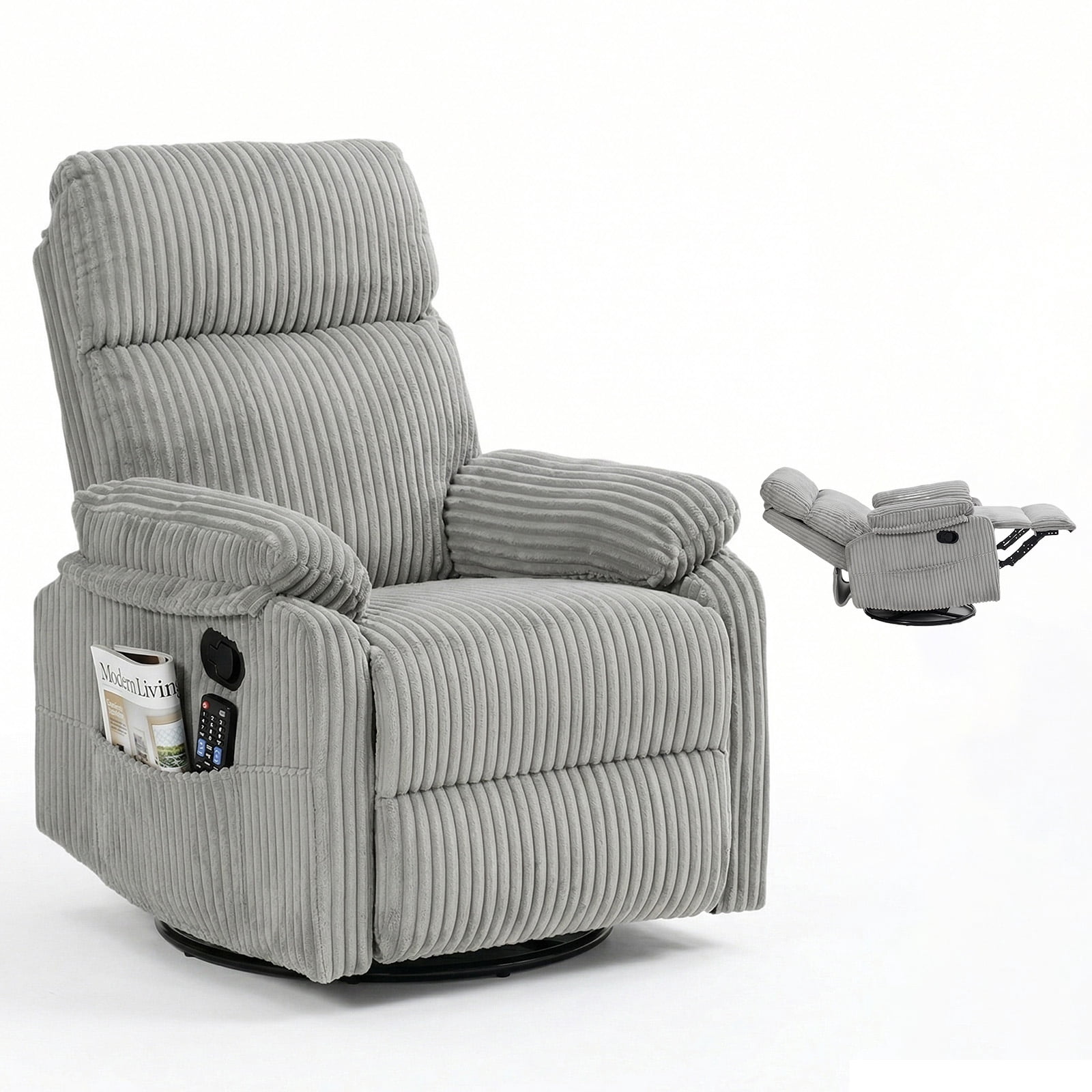 Leumius Swivel Recliner Chair,360° Swivel Rocker Chair for Living Room,Upholstered Nursery Glider Recliner Chair for Small Spaces,Manual Recliner for Adults for Home Theater,Light Gray