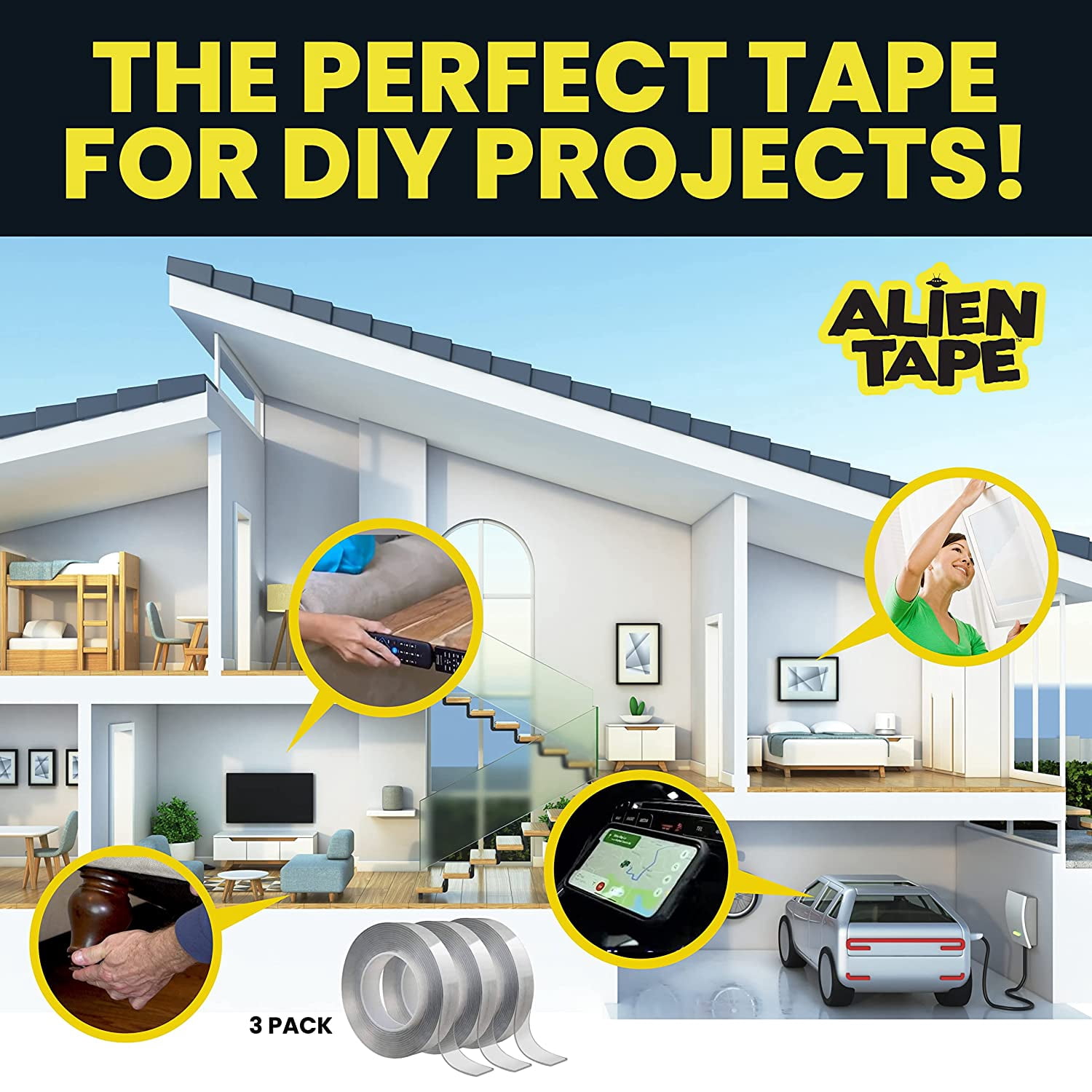 Alien Tape Nano Double Sided Tape, 21-ft Multipurpose Removable Adhesive Transparent, Grip Mounting Washable Strong Sticky Heavy Duty for Carpet Photo Frame Poster Décor - As Seen On TV