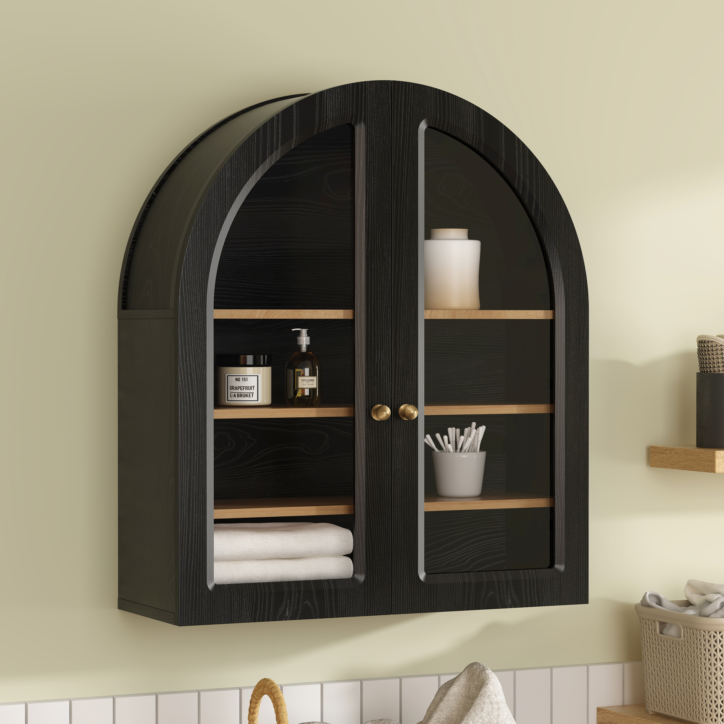 Joyyskill Arched Bathroom Wall Cabinet Modern Wooden Medicine Cabinet with Acrylic Doors Farmhouse Wall Mounted Cupboard Storage Cabinet, Black Oak