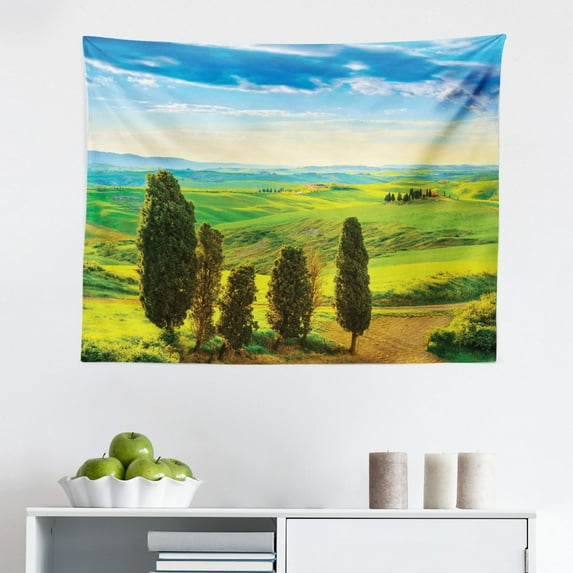 Nature Tapestry, Colorful Field of Blossom in The Morning Grand Dramatic Mountains Canyon Art Print, Fabric Wall Hanging Decor for Bedroom Living Room Dorm, 2 Sizes, Pink Green, by Ambesonne