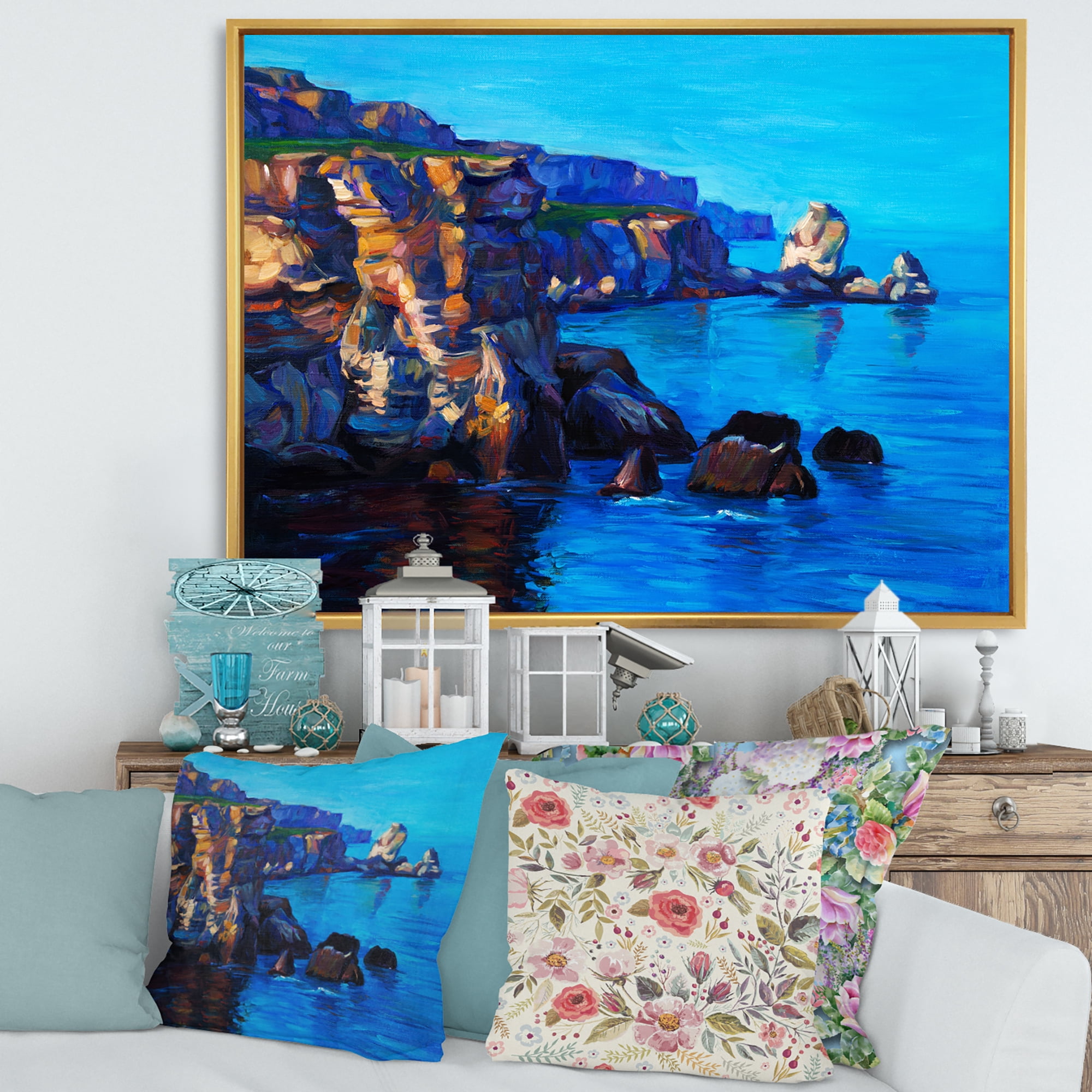 The Ocean By Cliffs In The Evening Glow 32 in x 24 in Framed Painting Canvas Art Print, by Designart