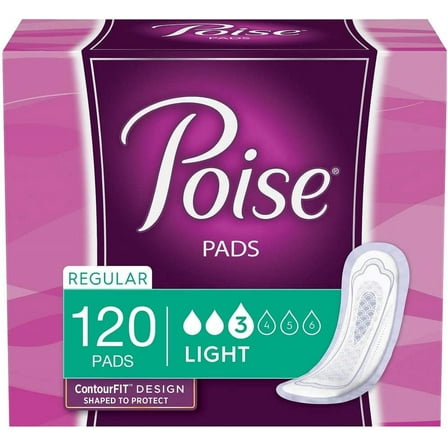 Poise Incontinence Pads, Light Absorbency, Regular Length, 120 Count (4 Packs of 30) (Packaging May Vary)