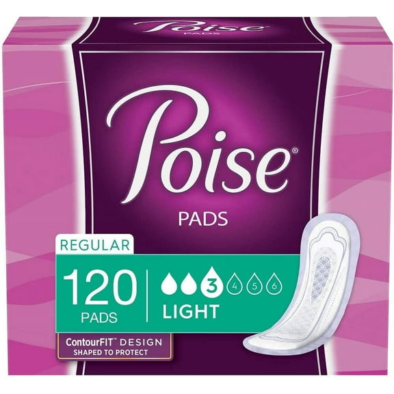 Poise Incontinence Pads, Light Absorbency, Regular Length, 120 Count (4 Packs of 30) (Packaging May Vary)