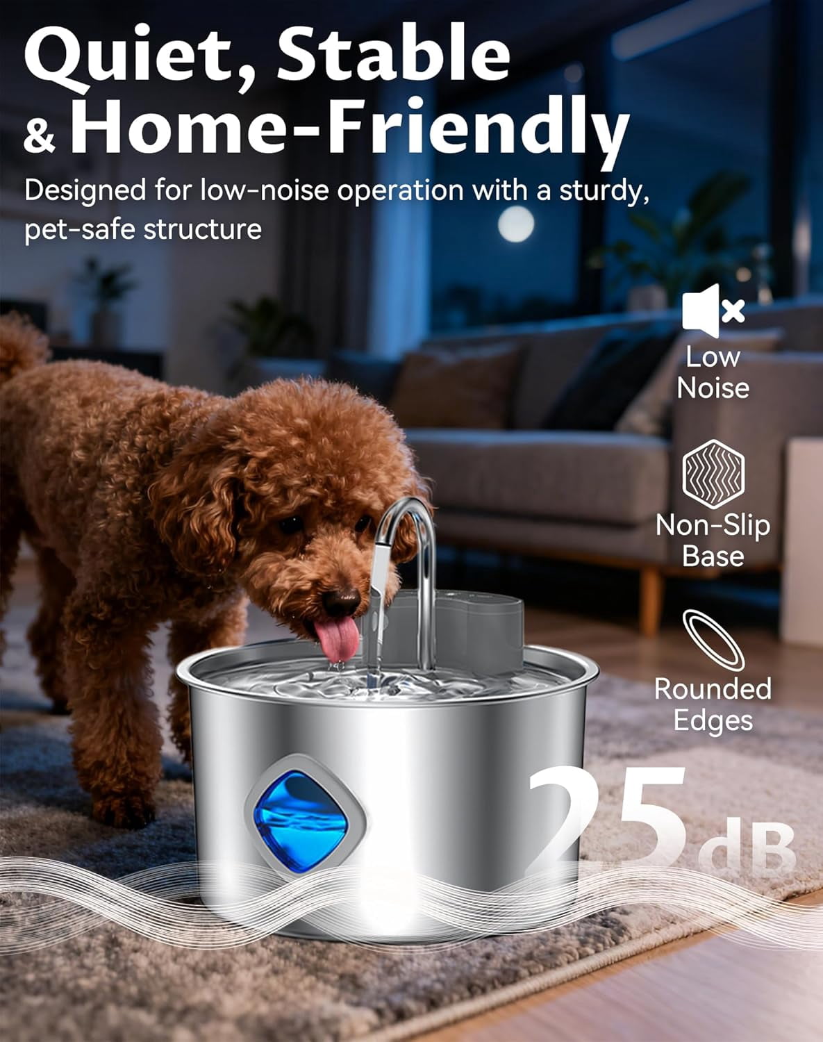 Dog Water Bowl, 3.2L Dog Water Fountain, Quad-Purification System and Continuous Circulating Water Flow,Stainless Steel Easy-to-Clean,Quiet Operation,Water Bowl for Dog Cat (Bowl+10Set Filter)
