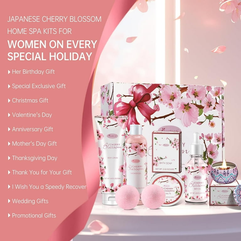 Beautifier Life Cherry Blossom Scented Spa Gift Set, 7 Piece Bath