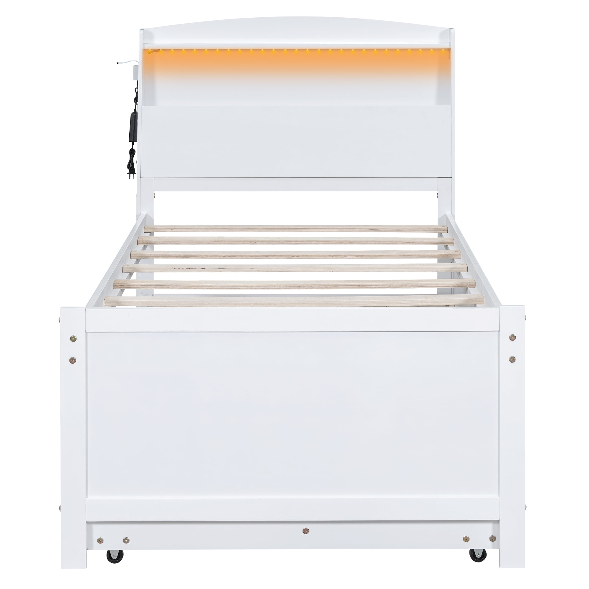 Euroco Wood Twin Size Platform Bed with Storage Headboard, Drawers Trundle and LED Light, White