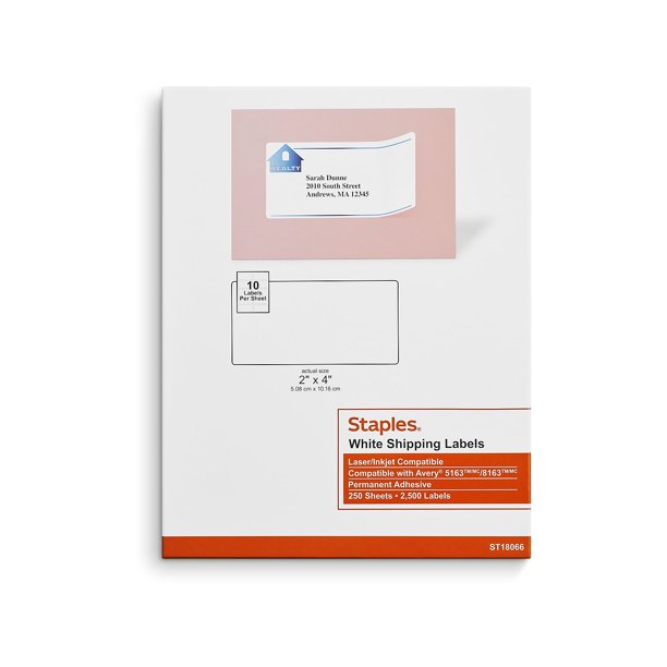 Staples Laser/Inkjet Shipping Labels 2" x 4" White 10 Labels/Sheet 5000