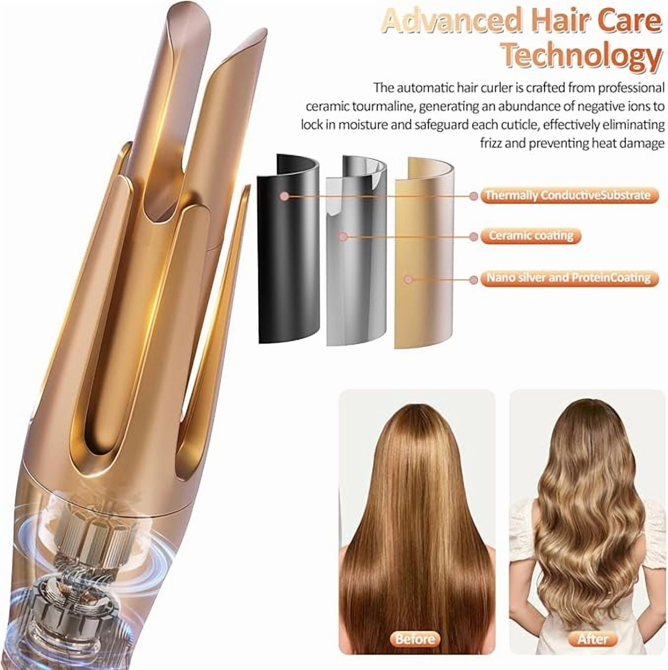 RKXQT Cordless Automatic Curling Iron,Professional Anti-Tangle Auto Hair Curler with 1.25"" Ceramic Ionic Barrel & 3 Temperature,Fast Heating Iron for Hair Styling (Pink)
