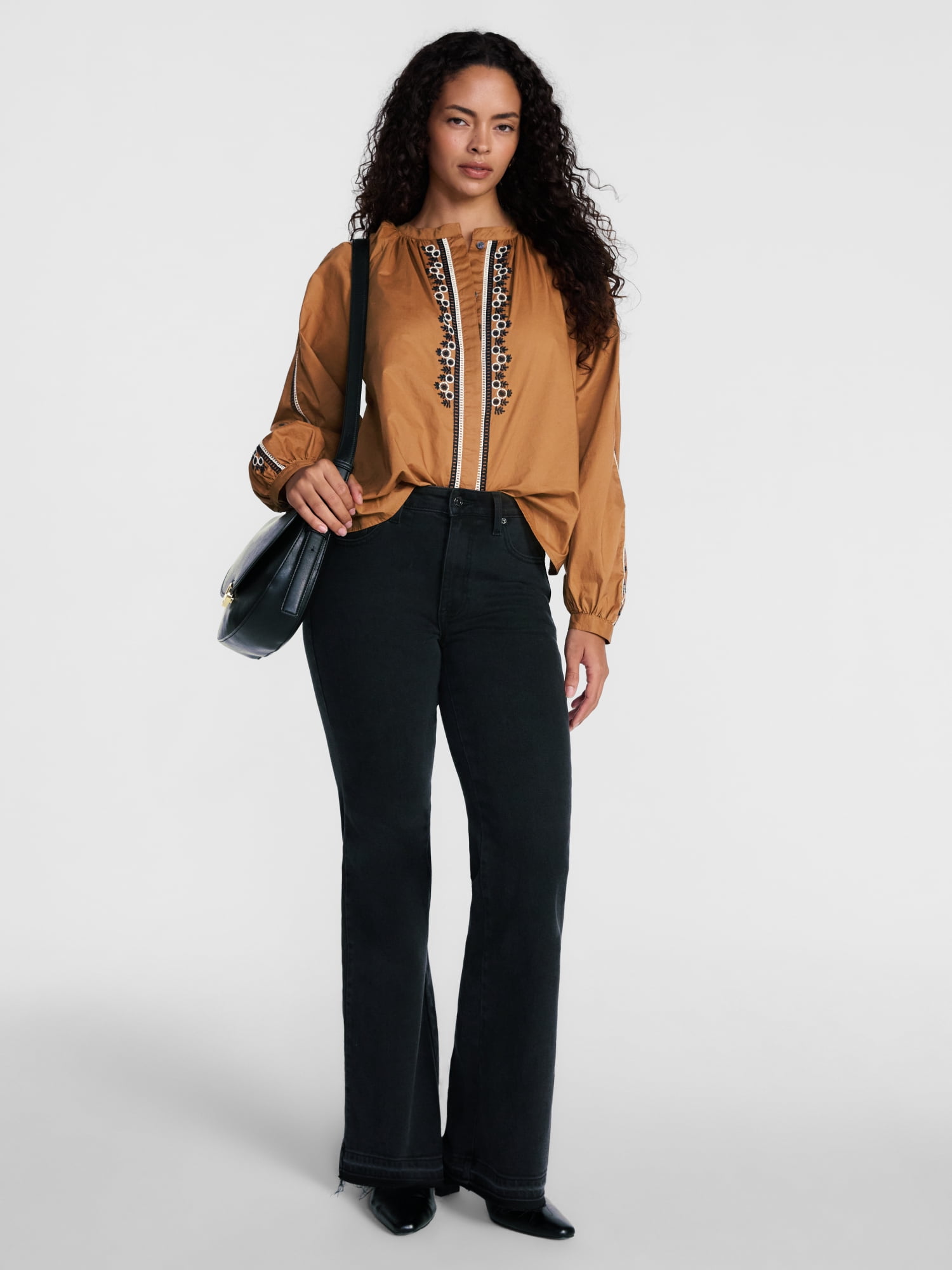 Scenario Women's Embroidery Top with Long Sleeves, Sizes XS-XXXL