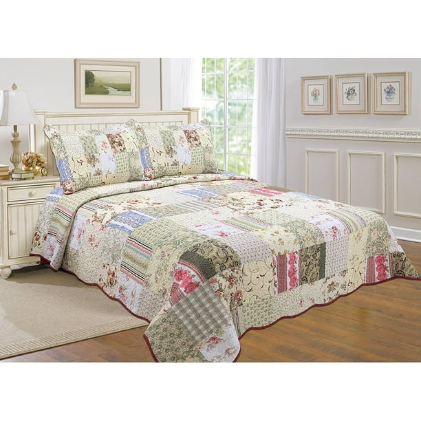 Cotton 3 Piece Reversible Bedspread, California King Bed Quilt Sets