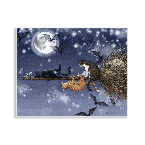 Stupell Industries Joyriding Cats on Broom Holiday Painting Unframed Art Print Wall Art, 14 x 11