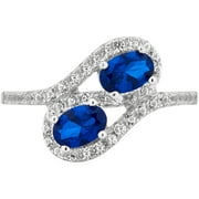 Created Blue and White Sapphire Gemstone Sterling Silver Two Stone Ring