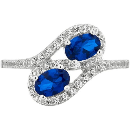 Created Blue and White Sapphire Gemstone Sterling Silver Two Stone Ring