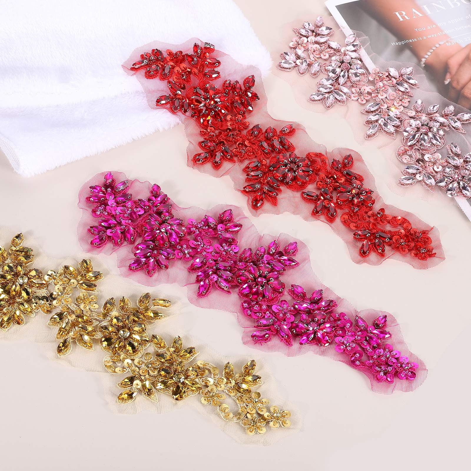 Uxcell 2Pack Rhinestone Applique Patches, 13 x 4 Inches Gold Lace Embroidery Patches Sew on Rhinestone Beaded Sequins for Sewing Making Dresses Wedding Banquet Evening Gown Decoration