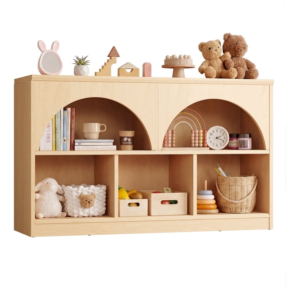 Fatmok Kids Arched Bookshelf, 5-Cubby Wooden Toy & Book Storage Organizer, Montessori Style for Playroom, Nursery, Kids Room, Natural