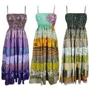 Mogul Wholesale Lot of 3 pcs Womens Holiday Dress Recycled Vintage Sari Patchwork Maxi Dresses