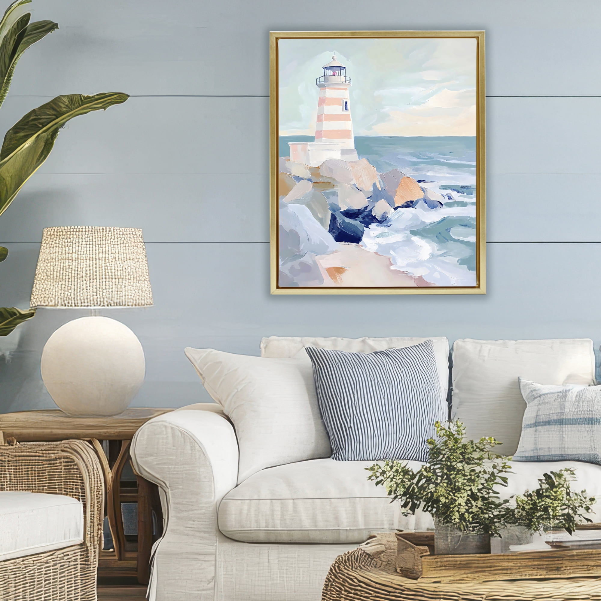 Stupell Industries Coastal Lighthouse in Pastels Gold Framed Floater Canvas Wall Art, design by Creative Studio