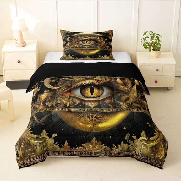 Homewish Vintage Magic Dragon Twin Comforter Sets,Hippie Evil Eye Bedding Set,Black Gold,Black Reversible,2-Piece,1 Comforter and 1 Pillowcase