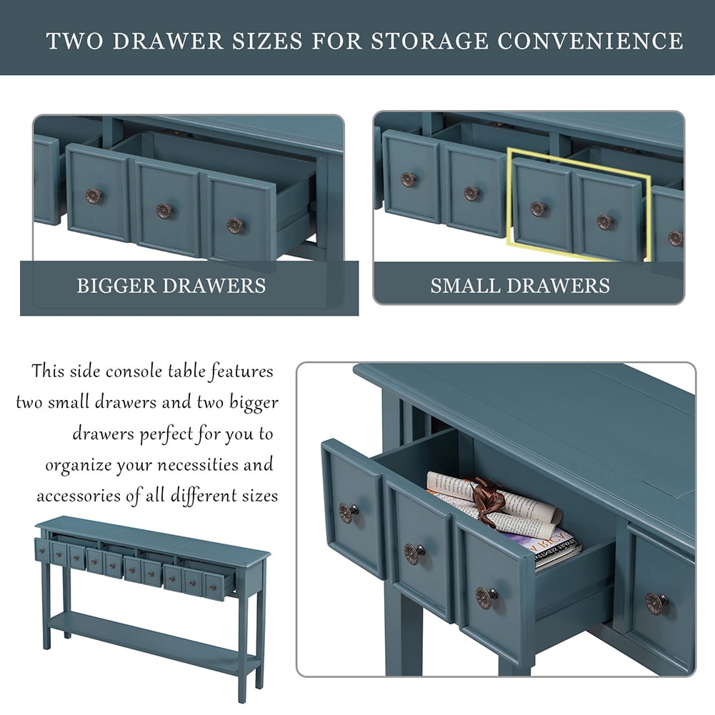 Resenkos 60" Mid-Century Modern Console Table with Two Different Size Drawers, Navy Blue