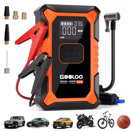 GOOLOO A3X 3000A Supersafe Jump Starter with Air Compressor, Portable Car Battery Booster (9.0 Gas/6.5L Diesel) with 150PSI Auto-Shutoff Tire Inflator