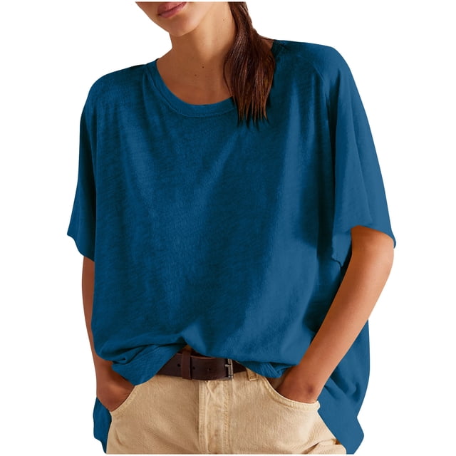 Camisas de Manga Corta para las Mujeres Casual Cuello Redondo Sólido, Mezcla de Algodón Moda de Verano Blusa Superior