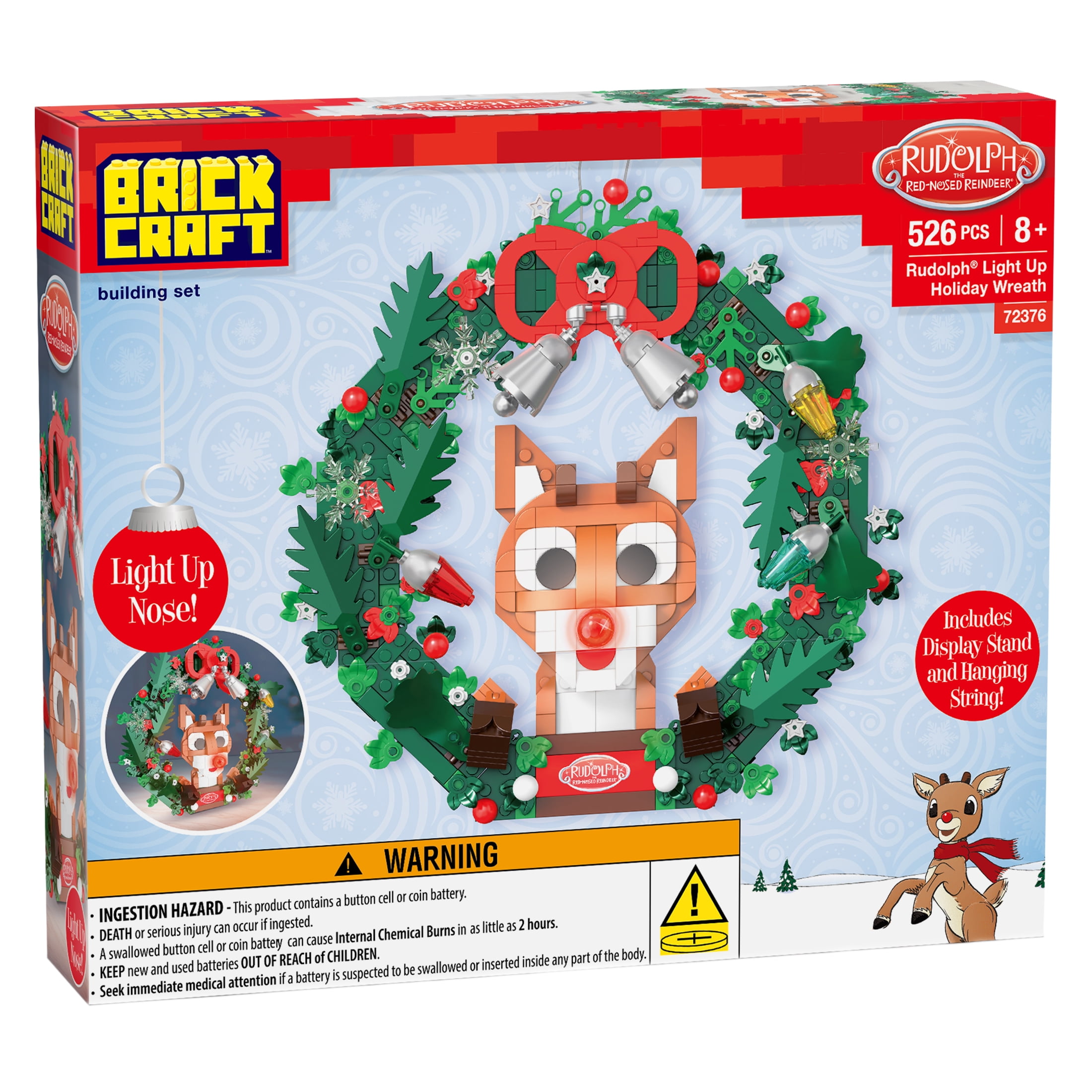 Brickcraft Rudolph the Red-Nosed Reindeer Light-Up Holiday Wreath Building Kit, 526-Piece Christmas Decoration Collectible