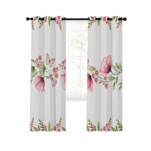 Poppy Flowers Blackout Curtains for Bedroom Living Room, Pink Floral Leaf Butterfly Farmhousue 54 In Long Thermal Insulated Room Darkening Drapes Grommet Window Treatments, 52 x 54 In