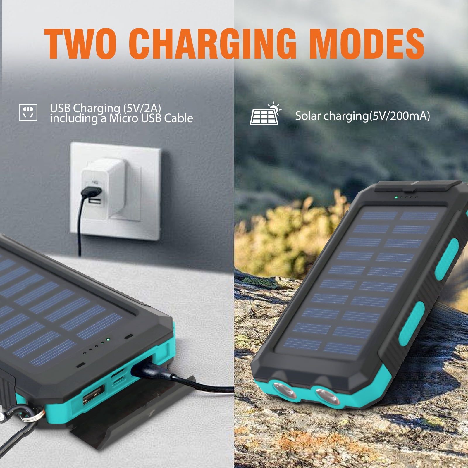 BAOKALER Solar Power Bank, Portable Charger, 20000mAh Solar Charger with LED Flashlight, IP65 Waterproof External Backup Battery Pack Perfect for Camping, Outdoor Activities（Blue）