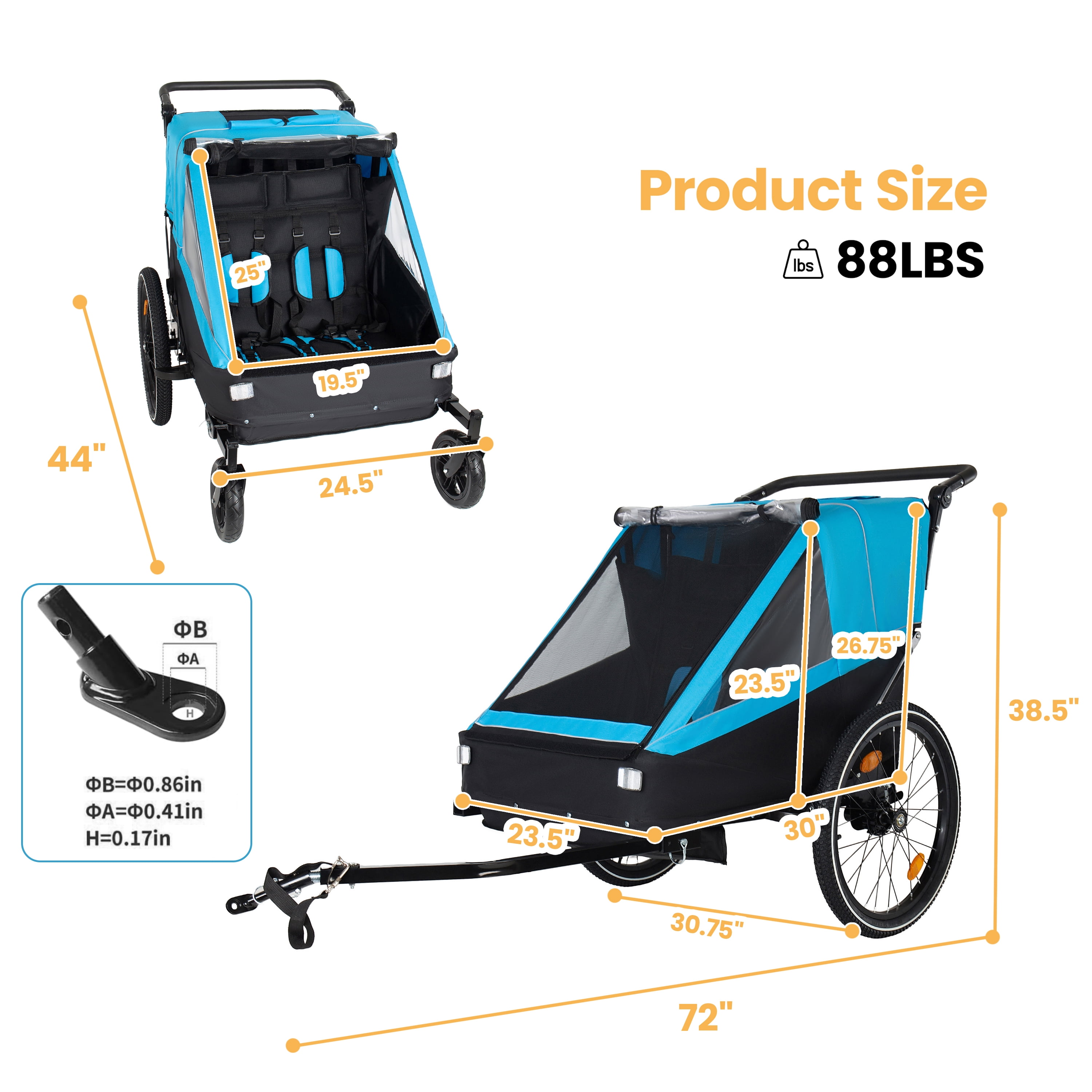 2 in 1 Kids Bike Trailer & Stroller, Jogging Style for 1-2 Children, Foldable with Universal Hitch, 5-Point Harness and Storage Bags for Outdoor Activities