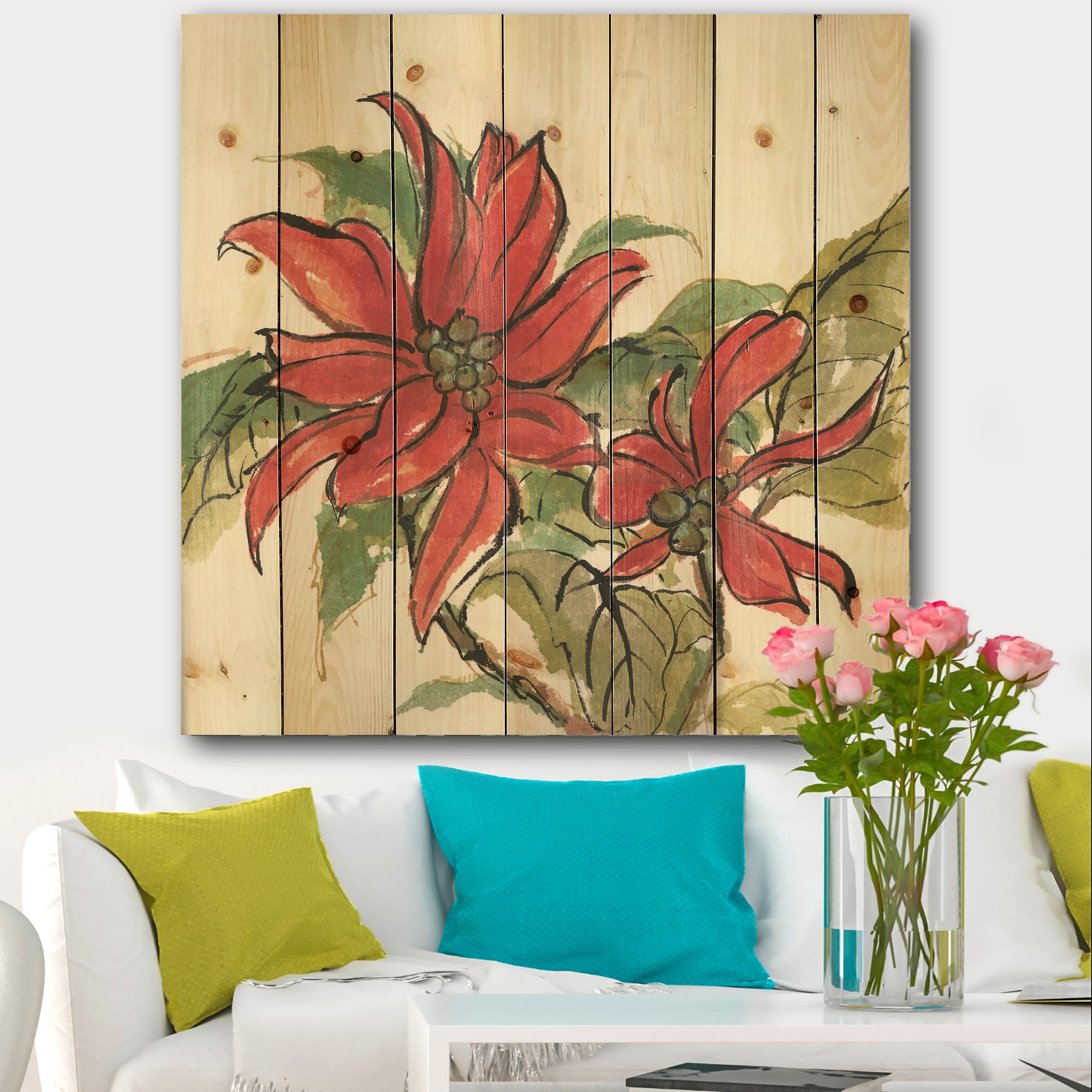 Designart 'Poinsettia II' Farmhouse Print on Natural Pine Wood
