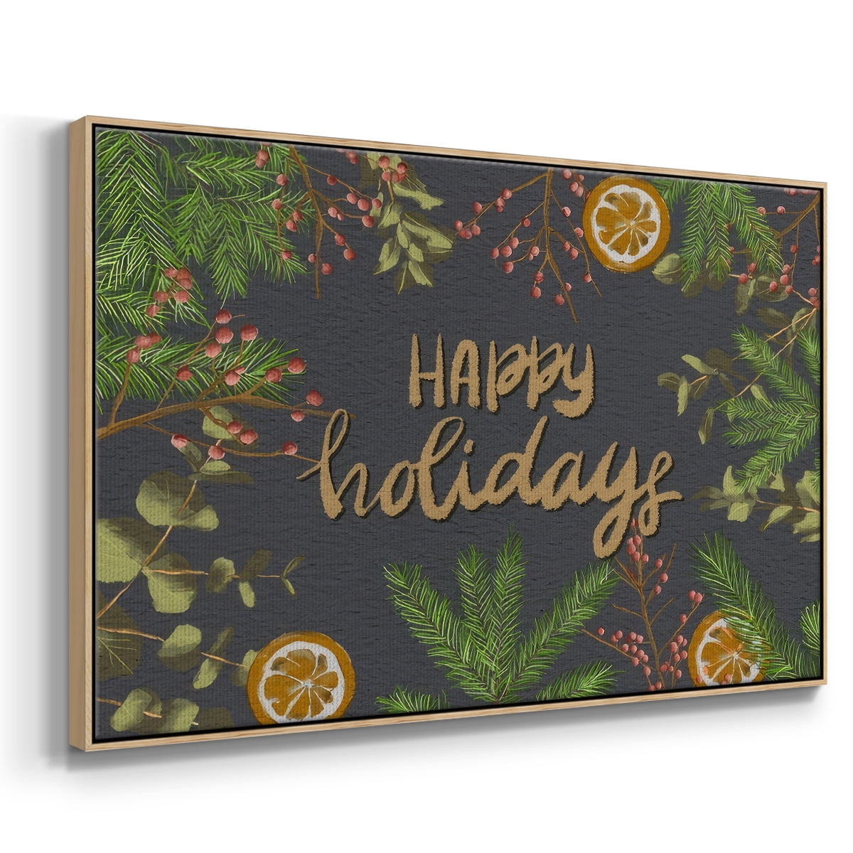 Holiday Sentiment II - Framed Gallery Wrapped Holiday Canvas - 17 x 25 - Natural Wood Frame