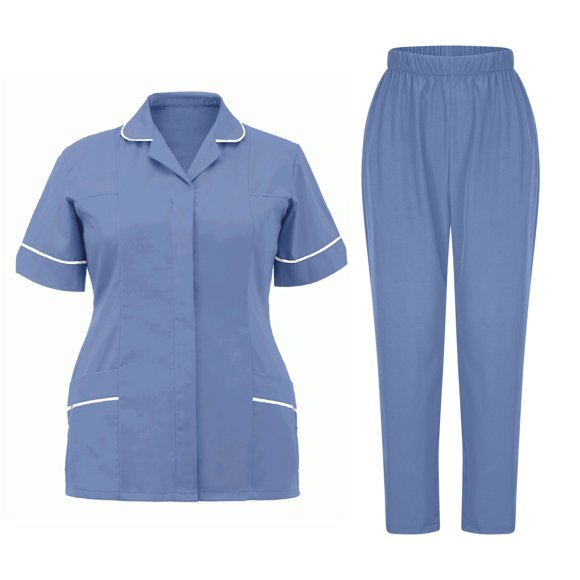 yoeyez Womens Scrub Sets Stretch,Ladies Modern V-Neck Top & Loose Fit Jogger Pant Scrub Sets With Pockets Dark Blue