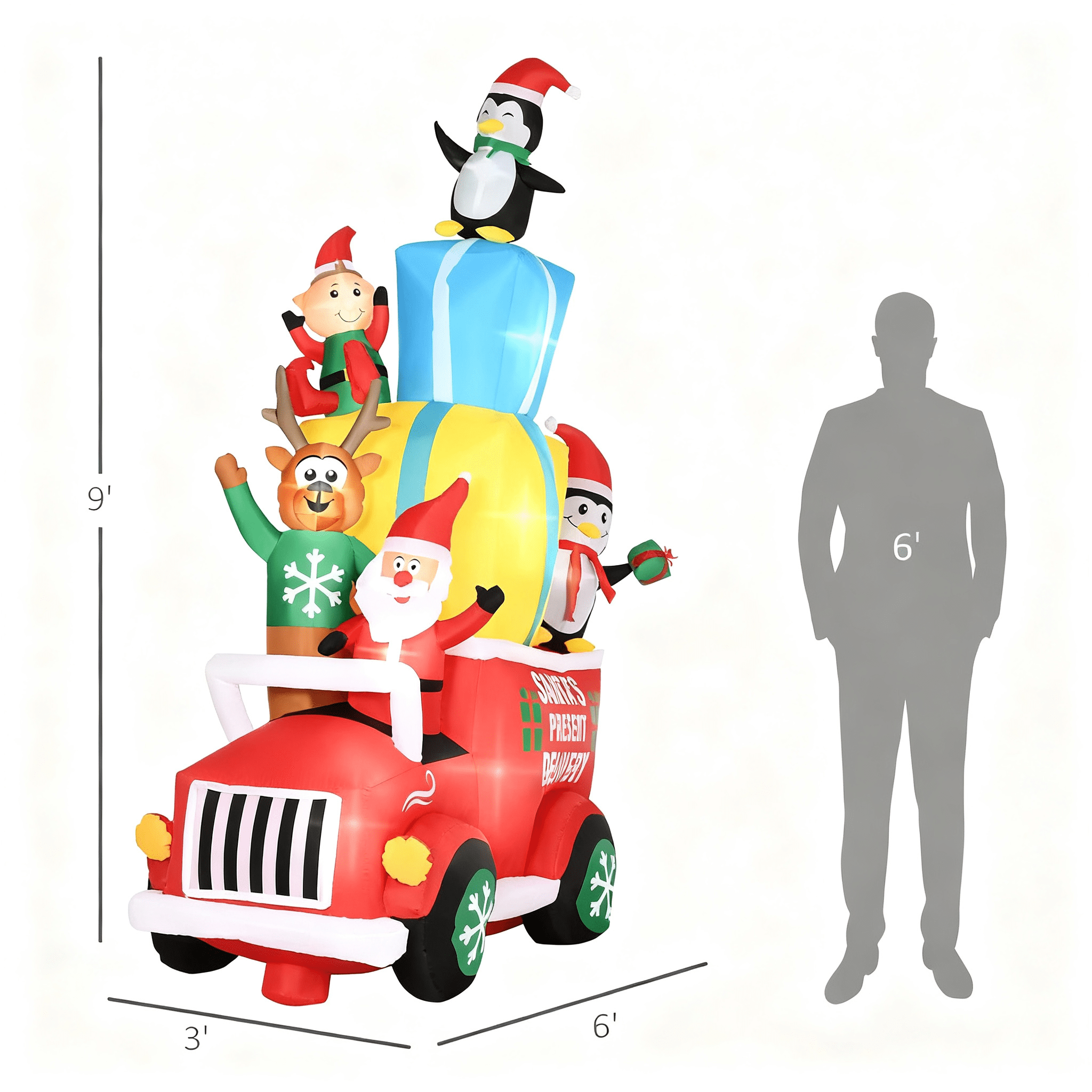 Inflatable Santa Claus Driving Gift Car with Friends LED Lights Outdoor Yard Christmas Decoration
