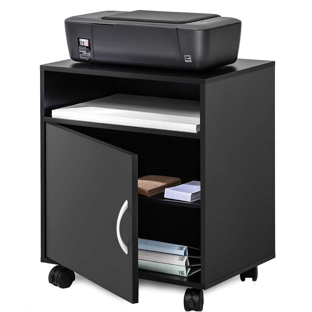 Wood on Black Topeakmart Mobile Cabinet Printer Stand Rolling Shelf Cart Storage Cupboard for Home Office-One Open Storage Space with Braked Wheels