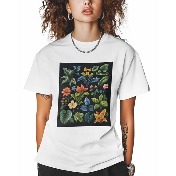 T Shirts for Women Short Sleeve Cotton Crewneck T-Shirt, Green Leaves Red Flowers Black Tee Tops Casual Basic T-Shirts, XS-5XL White M