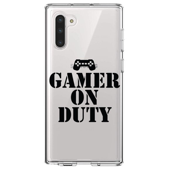 DistinctInk Clear Shockproof Hybrid Case for Samsung Galaxy Note 10 (6.3" Screen) - TPU Bumper Acrylic Back Tempered Glass Screen Protector - Gamer on Duty Video Games