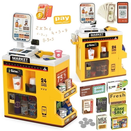 UUSUOO 47PCS Cash Register Playset for Kids, Cashier Register Toy, Kids Pretend Play Cash Register Toys with Scanner,Coffee Machine,Credit Cards,Play Food & Money,Christmas Toys for Kids 3-6,Yellow